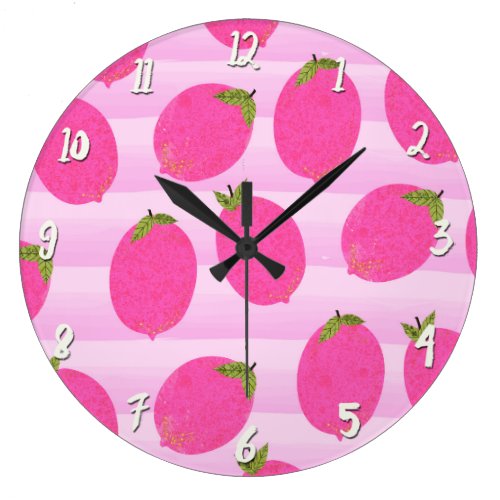 Pink Lemons Lemonade Summer Fruit Fun Bright Large Clock