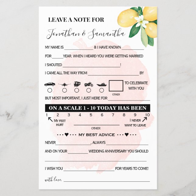 Pink Lemons Note for Couple Wedding Game Card Flyer (Front)