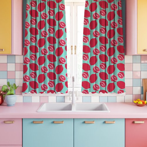 Pink Lemons On Teal Kitschy Kitchen Curtains