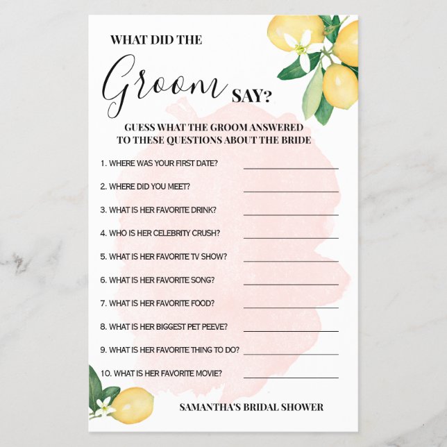 Pink Lemons What did Groom Say Shower Game Card Flyer (Front)