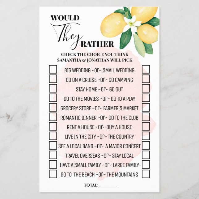 Pink Lemons Would They Rather Shower Game Card Flyer (Front)