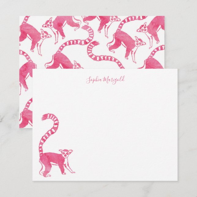 Pink Lemur Personalized Stationery Note Card (Front/Back)