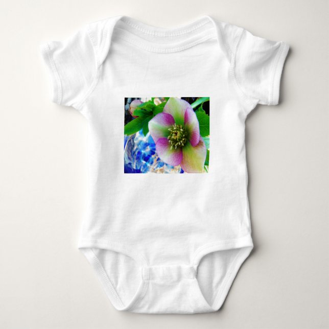 Pink Lenten Rose blue glass ball Baby Bodysuit (Front)
