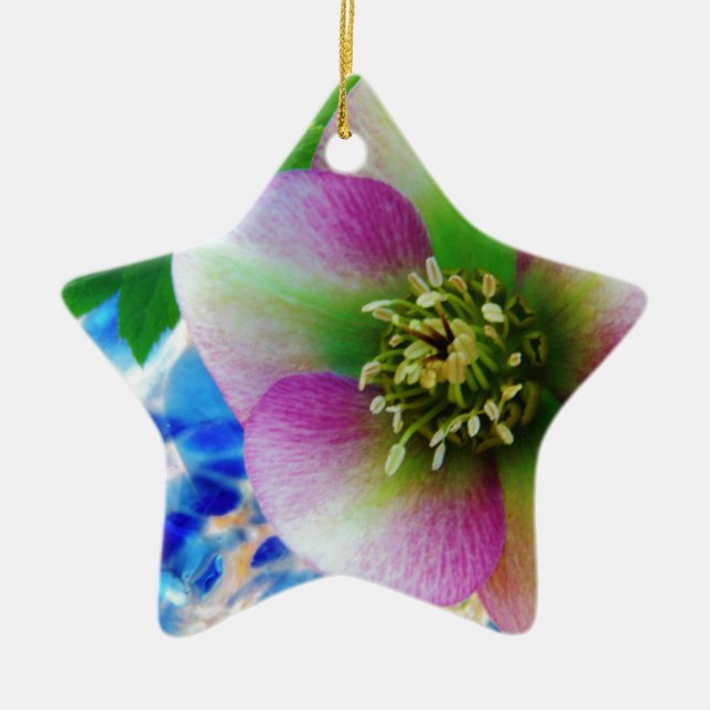 Pink Lenten Rose blue glass ball Ceramic Ornament (Front)