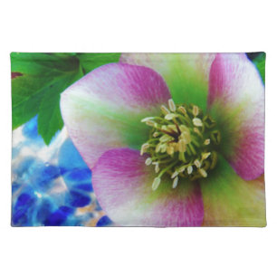 Pink Lenten Rose blue glass ball Cloth Placemat