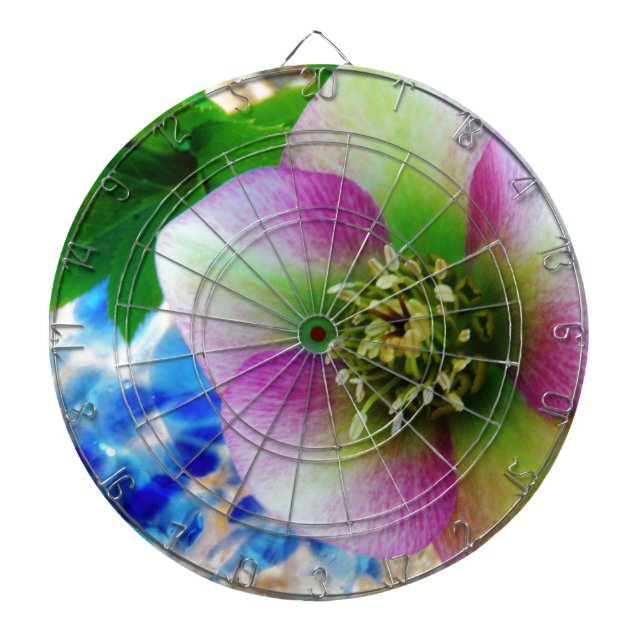 Pink Lenten Rose blue glass ball Dartboard (Front)