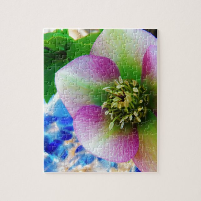 Pink Lenten Rose blue glass ball Jigsaw Puzzle (Vertical)