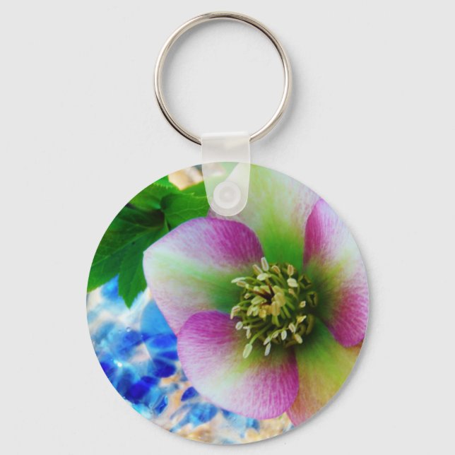 Pink Lenten Rose blue glass ball Keychain (Front)