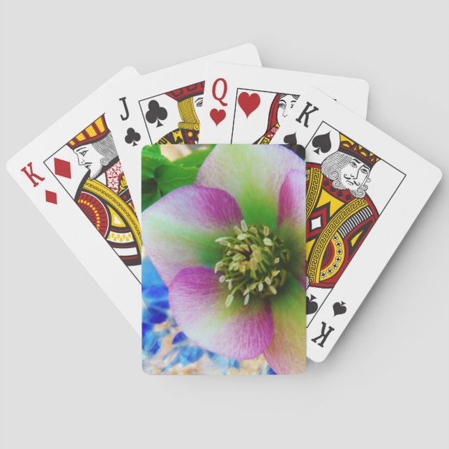Pink Lenten Rose blue glass ball Poker Cards (Back)