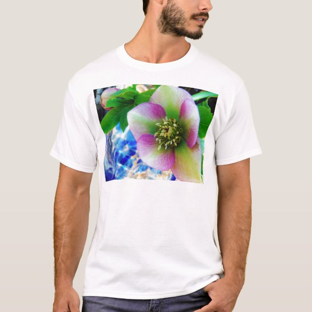 Pink Lenten Rose blue glass ball T-Shirt (Front)