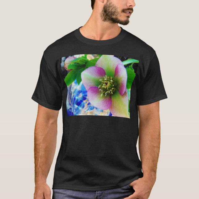 Pink Lenten Rose blue glass ball T-Shirt (Front)