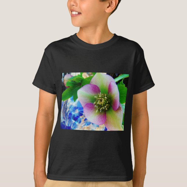 Pink Lenten Rose blue glass ball T-Shirt (Front)