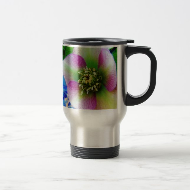 Pink Lenten Rose blue glass ball Travel Mug (Right)