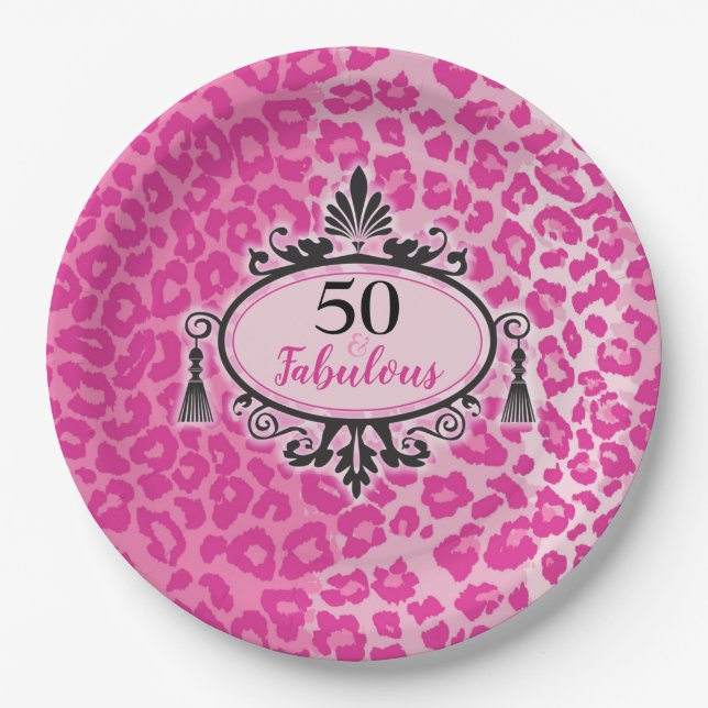 Pink Leopard 50 & Fabulous 50th Birthday Paper Plates (Front)