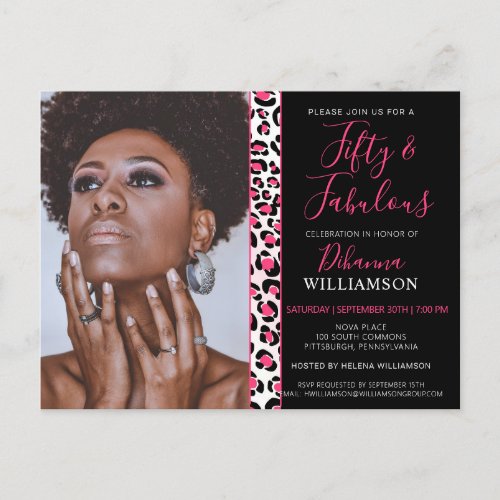 Pink Leopard 50th Birthday Fifty  Fabulous Photo  Invitation Postcard