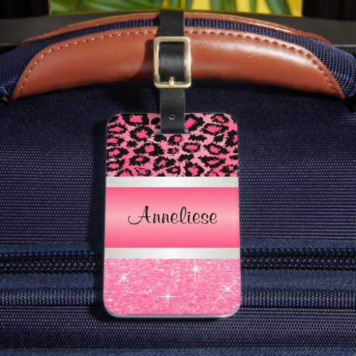 Pink Leopard and Glittery Print Luggage Tag