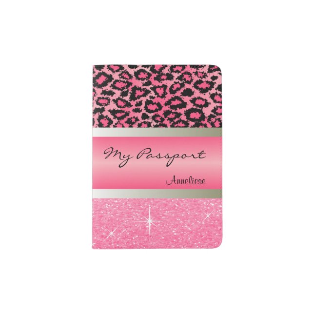 Pink Leopard and Glittery Print Passport Holder (Front)