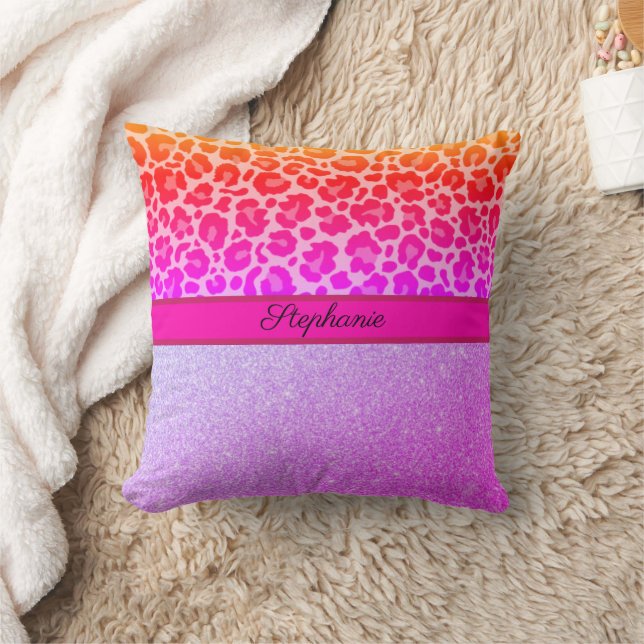 Pink Leopard Animal Print Cheetah Glitter Throw Pillow (Blanket)