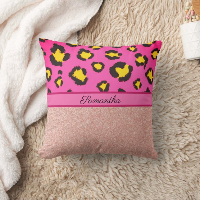 Pink Leopard Animal Print Cheetah Glitter Throw Pillow (Blanket)
