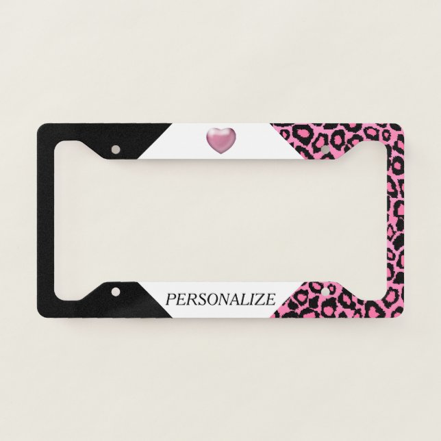 Pink Leopard Animal Print - Heart License Plate Frame (Front)