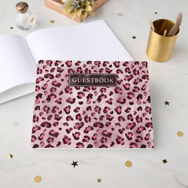 Pink Leopard Animal Print Pattern And Text Guest Book (Front Open)