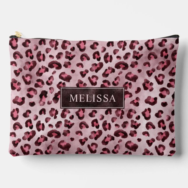 Pink Leopard Animal Print With Faux Foil And Name Accessory Pouch (Front)
