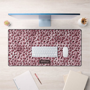 Pink Leopard Animal Print With Faux Foil And Name Desk Mat