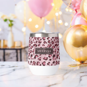Pink Leopard Animal Print With Faux Foil And Name Thermal Wine Tumbler