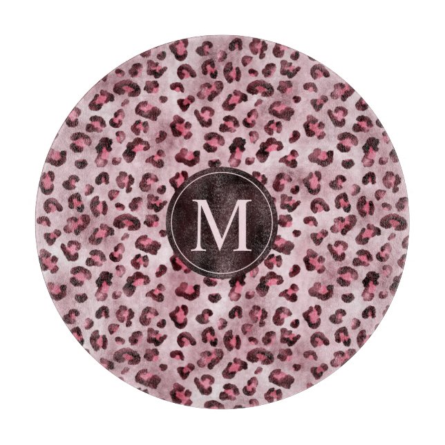 Pink Leopard Animal Print With Faux Foil Monogram Cutting Board (Front)