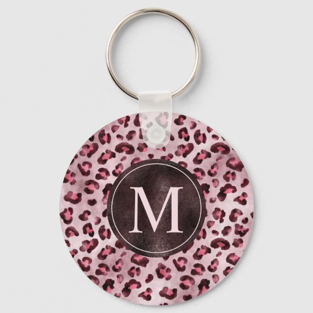 Pink Leopard Animal Print With Faux Foil Monogram Keychain (Front)