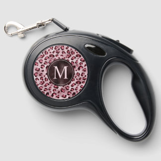 Pink Leopard Animal Print With Faux Foil Monogram Retractable Pet Leash