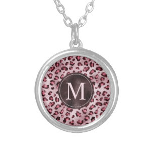 Pink Leopard Animal Print With Faux Foil Monogram Silver Plated Necklace