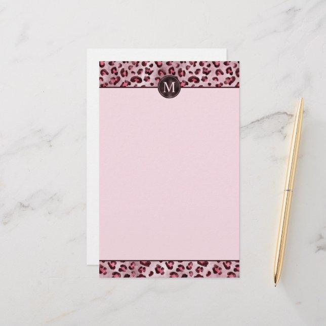 Pink Leopard Animal Print With Faux Foil Monogram Stationery (Front/Back In Situ)