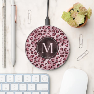 Pink Leopard Animal Print With Faux Foil Monogram Wireless Charger