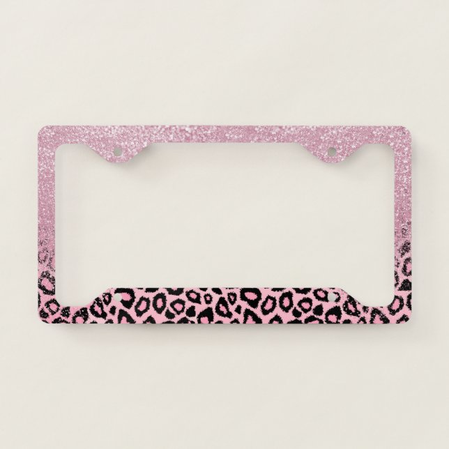 Pink Leopard Animal Print with Glitter License Plate Frame (Front)