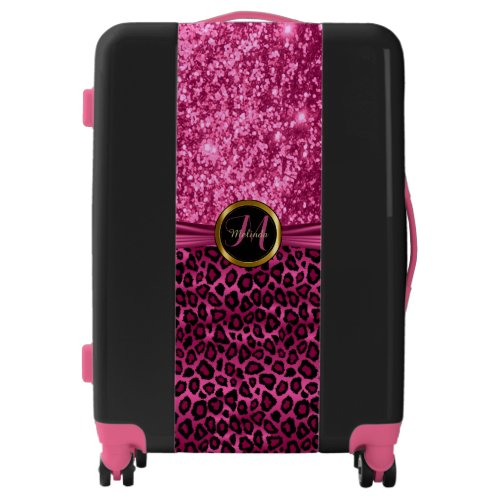 Pink Leopard Animal Skin and Glitter _ Monogram Luggage