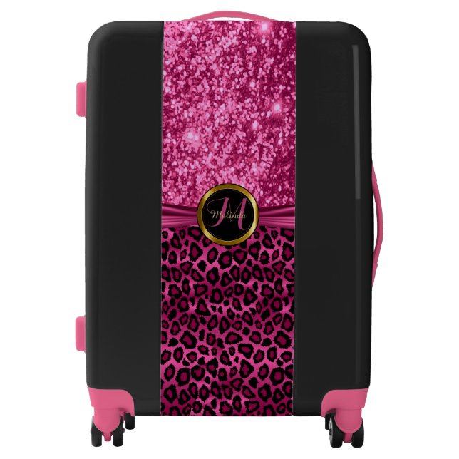 Pink Leopard Animal Skin and Glitter - Monogram Luggage (Front)