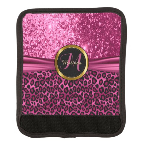 Pink Leopard Animal Skin and Glitter _ Monogram Luggage Handle Wrap