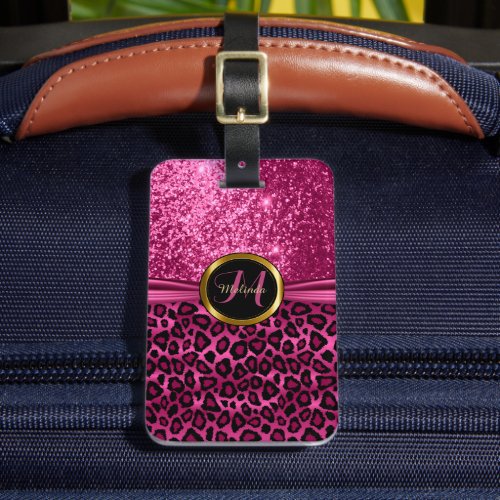 Pink Leopard Animal Skin and Glitter _ Monogram Luggage Tag