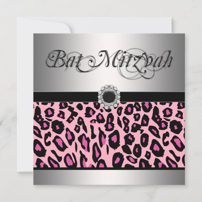 Pink Leopard Bat Mitzvah Invitations (Front)