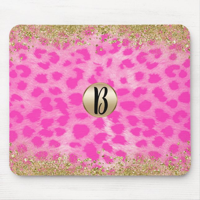 Pink Leopard Cheetah Animal Gold Glitter Monogram Mouse Pad (Front)