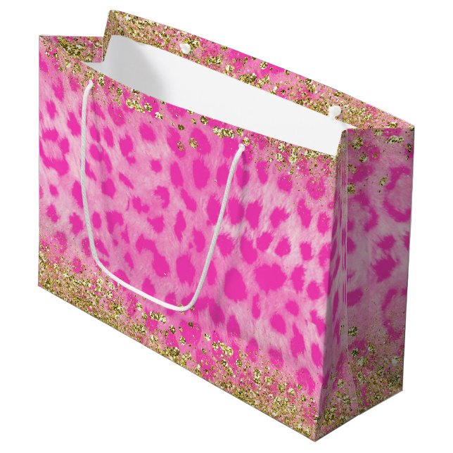 Pink Leopard Cheetah Animal Gold Glitter Trendy Large Gift Bag (Front Angled)