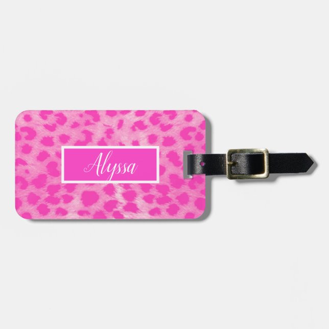 Pink Leopard Cheetah Animal Print Personalized Luggage Tag (Front Horizontal)