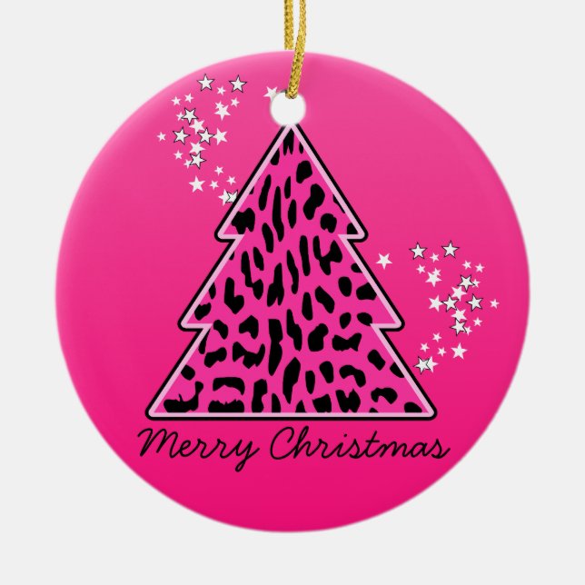 Pink Leopard Cheetah Christmas Tree Ceramic Ornament (Front)