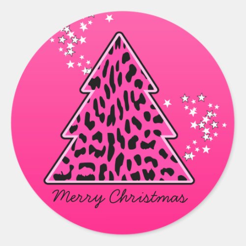 Pink Leopard Cheetah Christmas Tree Classic Round Sticker