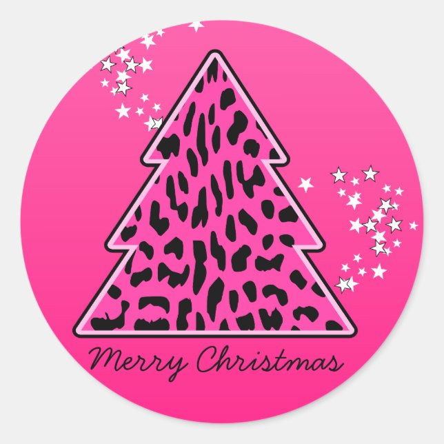 Pink Leopard Cheetah Christmas Tree Classic Round Sticker (Front)