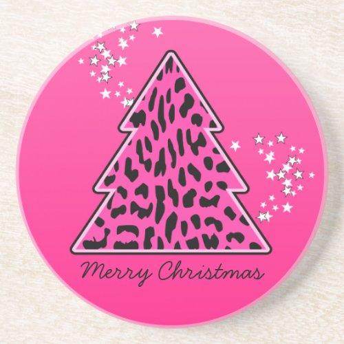Pink Leopard Cheetah Christmas Tree Drink Coaster