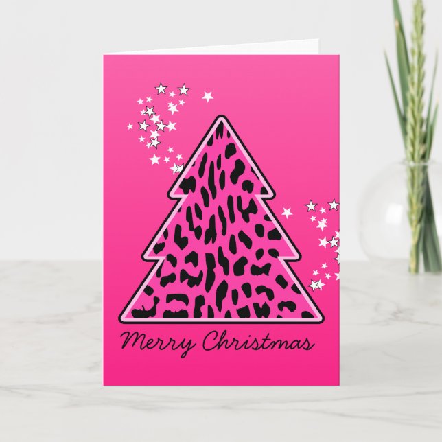 Pink Leopard Cheetah Christmas Tree Holiday Card (Front)