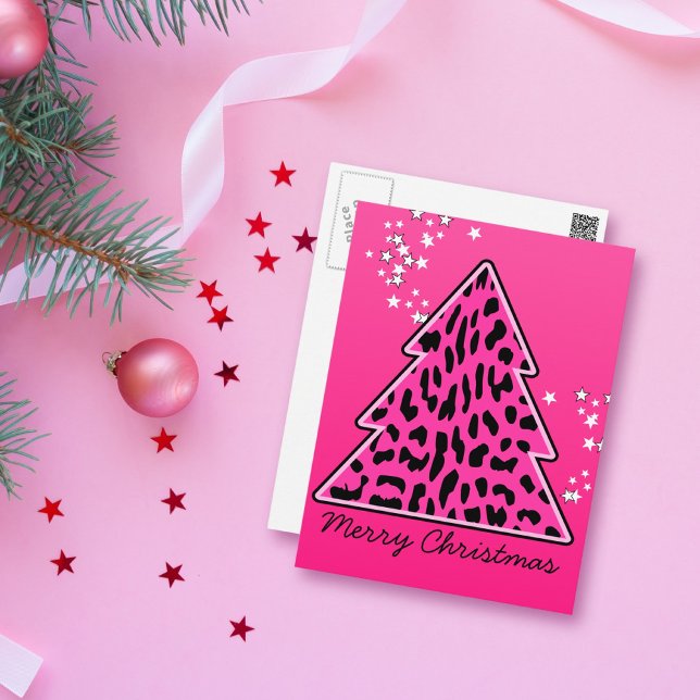 Pink Leopard Cheetah Christmas Tree Holiday Postcard (Creator Uploaded)