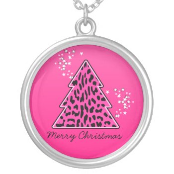 Pink Leopard Cheetah Christmas Tree Silver Plated Necklace by Silvianna at Zazzle
